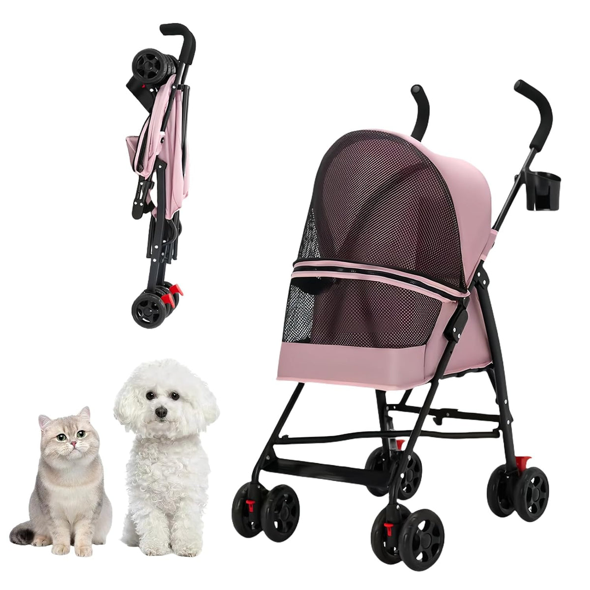 Cat Stroller Foldable Lightweight for Small Dogs Cats 0-15 Lbs Pink