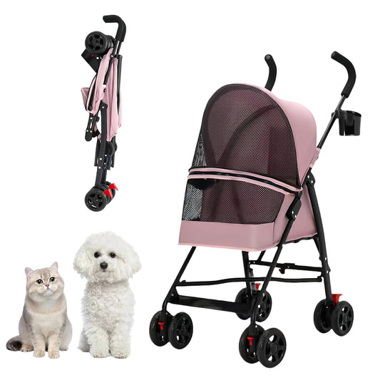 Cat Stroller Foldable Lightweight for Small Dogs Cats 0-15 Lbs Pink