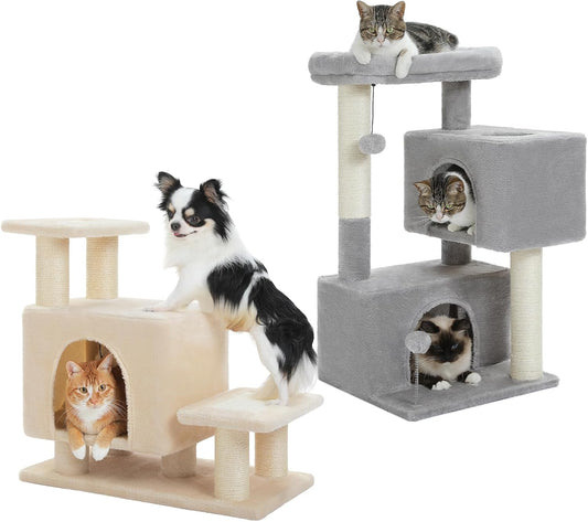 Dog Steps & Cat Scratching Posts with Condo, 3-In-1 Pet Stairs for Small Cats Kittens Dogs Climbing Playing and UYMI 31.5" Cat Tree for Indoor Cats with 2 Condos, Top Perch, 2 Pompms