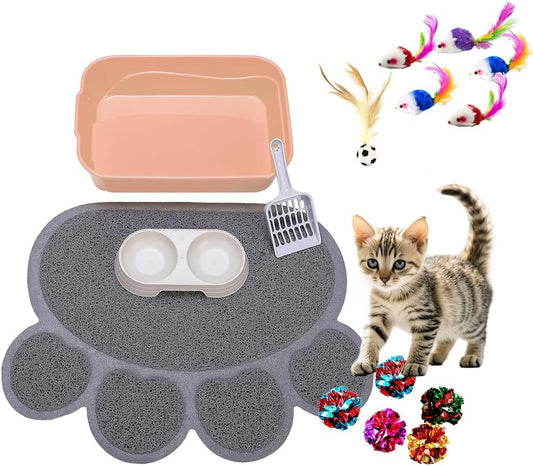 Kitten Litter Box Starter Kit, Low Entry Small Litter Box for Kittens & Small Cats, Includes Anti-Tracking Mat, Scoop & Toys, Easy to Clean, Compact Size (Pinkscoop Set)
