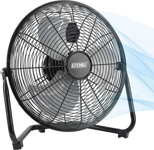 EZ-CHILL 12” Cradle Floor Fan, 3 Speed, High Velocity, 180 Degree Adjustable Tilt, All-Metal, Carry Handle, Rubber Feet, Airflow 15.42 Ft/Sec, Ideal for Home, Bedroom & Office, Black