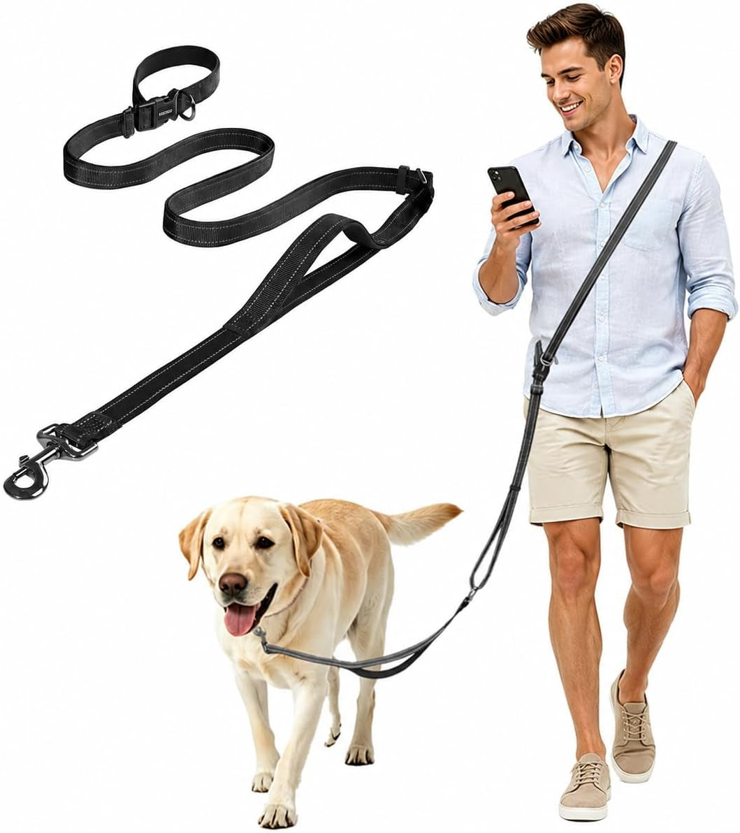 Hands Free Dog Leash by Kazazoo, Adjustable 5.8-8.5FT Waist & Crossbody Leash with Quick off Buckle, Reflective Stitches for Walking, Jogging,Medium to Large Dogs M Size Black