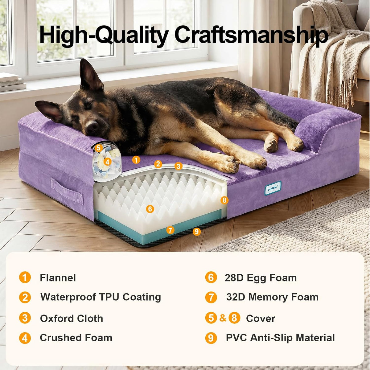Ohgeni Orthopedic Extra Large Dog Bed Couch, Memory Foam, 44-Inch (Purple)
