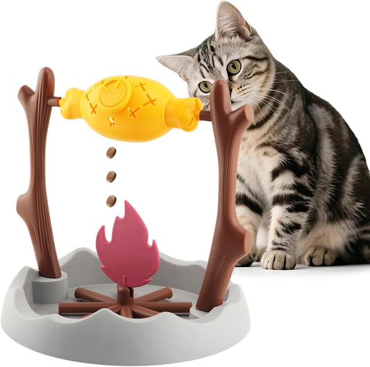 Cat Slow Feeder Puzzle Toy, Rotatable Campfire Roast & Flame Interactive Treat Dispenser for Indoor Cats, Dry Food/Treat Dispensing Enrichment Toy for Mental Stimulation and Slow Eating