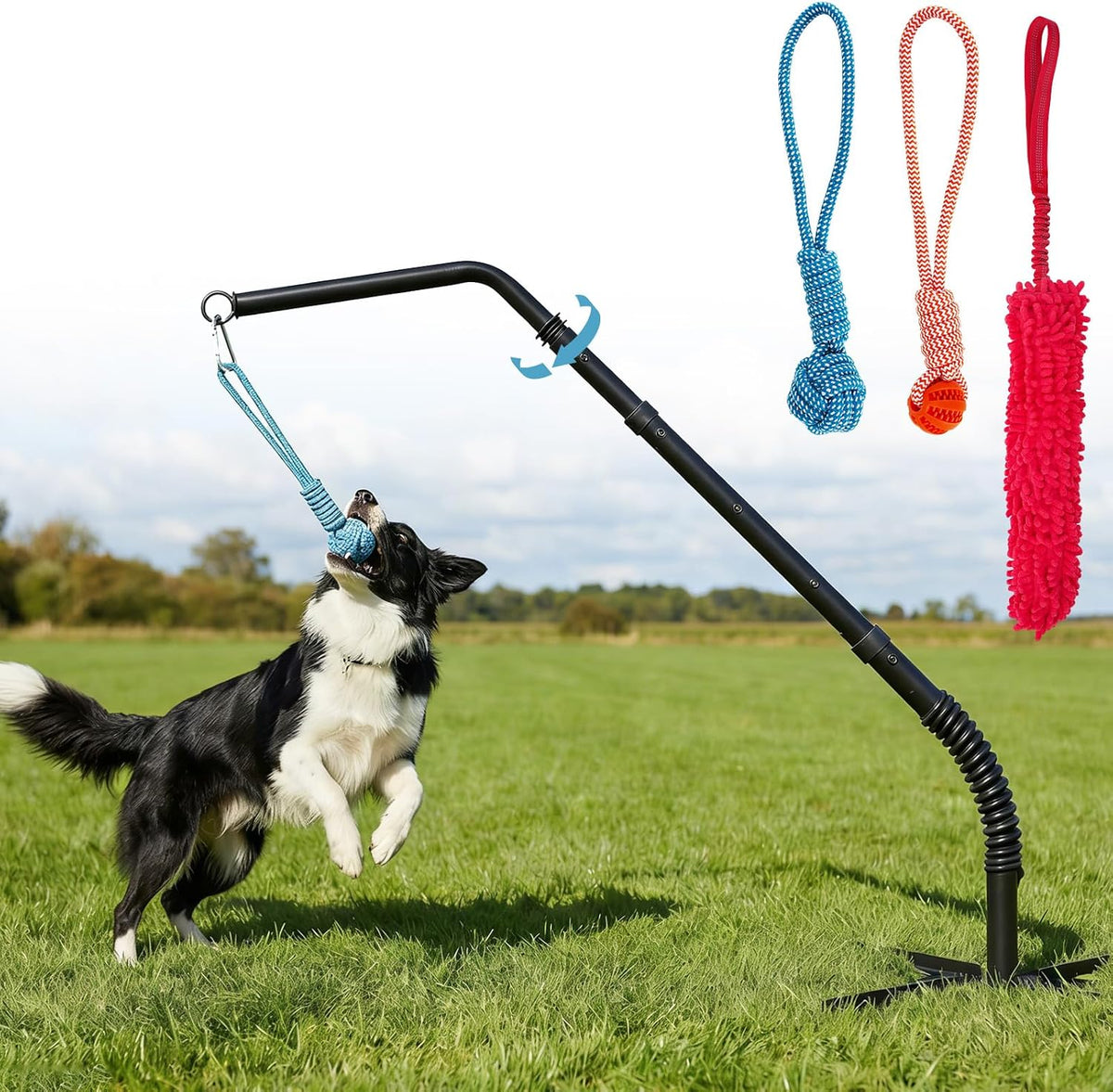 Tether Outdoor War Dog Toy with 3 Chew Rope, Adjustable Height Tug Dog Flirt Pole for Dog Self-Play in Yard, Park and Playground