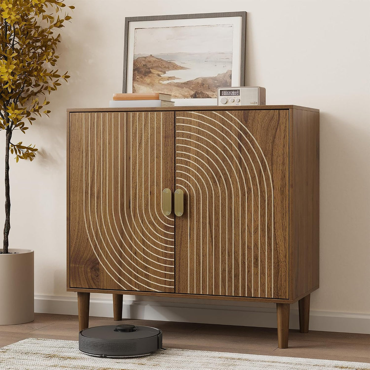 Smuxee Walnut Sideboard Cabinet, Freestanding Buffet Cabinet with Line Groove Design, Wood Storage Cabinet with Adjustable Shelf for Living Room, Entryway, Hallway