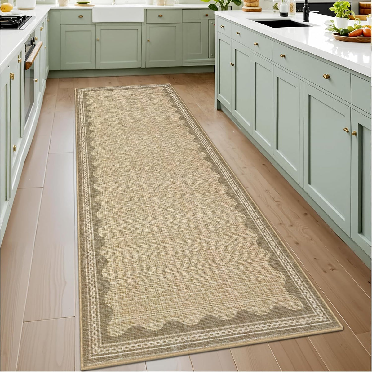 Garveehome 2X6 Runner Rug for Hallway Washable Kitchen Rugs Non Slip Solid Tan Jute Digital Printing Modern Soft Low-Pile Scalloped Indoor Carpet for Entryway Laundry Room Floor Mats