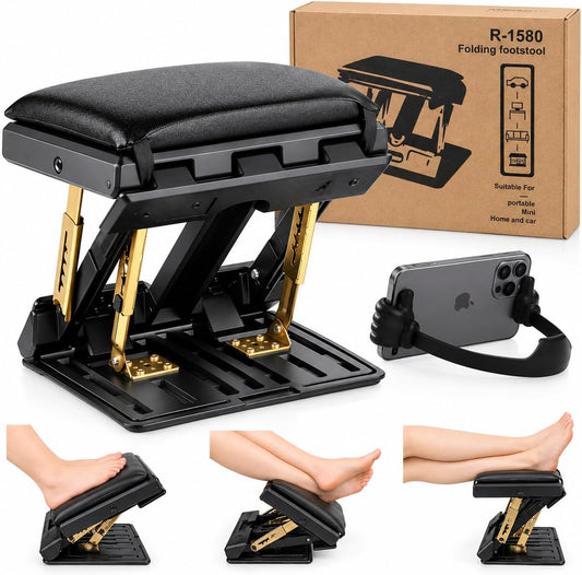 Adjustable under Desk Footrest with Phone Holder & Removable Pad, 4-Level Foot Stool under Desk Support 176.4Lbs, Foldable Desk Foot Rest for Home Office, Computer Desk, Car, Travel & Gaming