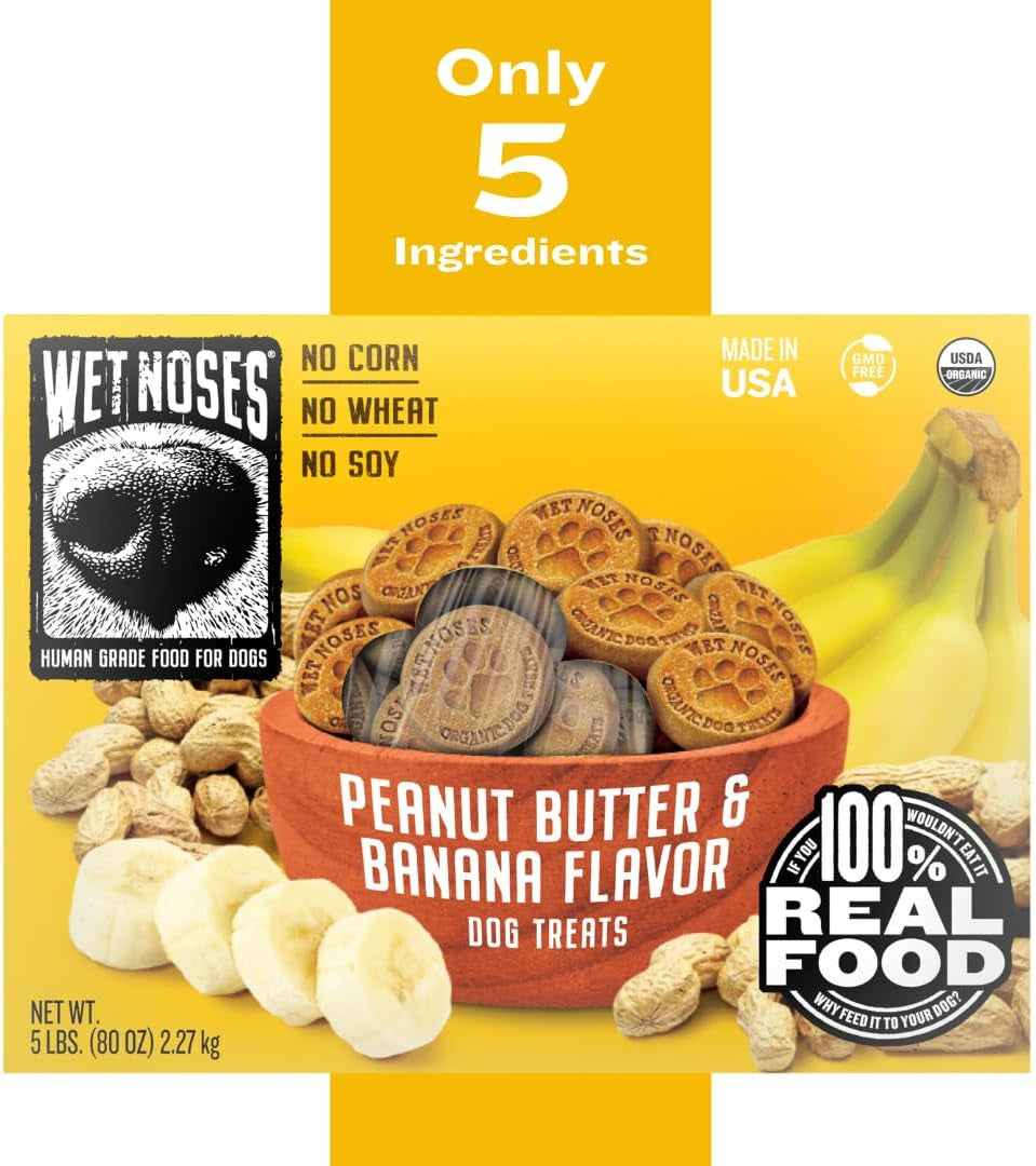 Wet Noses Organic Crunchy Dog Treats – for All Pet Sizes, Breeds – Senior Dog Snack – 100% Human-Grade – Delicious Chews for Dogs – Grain-Free Peanut Butter & Banana, 5 Lb. Package May Vary.