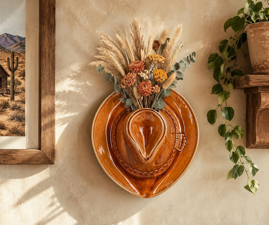 Cowboy Hat Vase for Wall | Large Size 11.8" | Ceramic Cowboy Hanging Planter for Indoor | Vintage Western Home Decor for Bathroom & Bedroom | Wall Mounted Flower Vase | Boho & Country Home Decor
