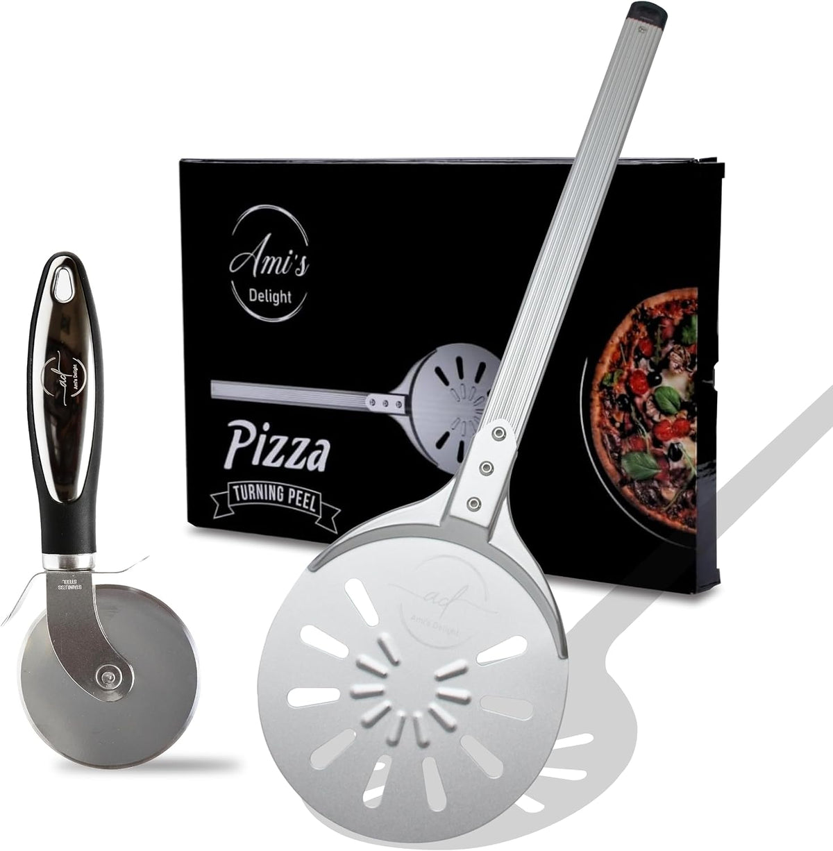 Ami’S Delight 8-Inch Perforated Pizza Turning Peel with Free Pizza Cutter | Lightweight Aluminum Pizza Peel Spinner with Long Handle | Essential Pizza Oven Accessories