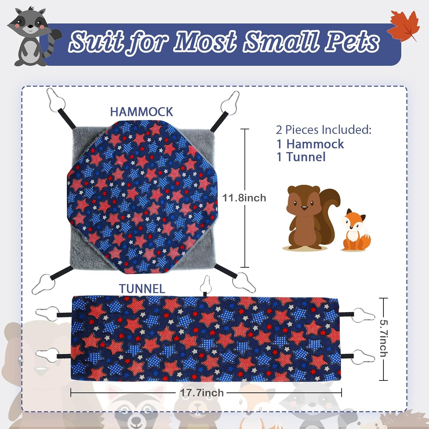 Petonfun Ferret Rat Hammock Set Guinea Pig Hideout Bed,Soft Hamster Toys Hanging Tunnels and Tubes,Plush Small Animal Pet Chinchilla for Cage Accessories Hide,Play and Sleep,2 Pack,Blue Star