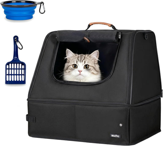 Portable Cat Travel Litter Box with Lid, Scoop,Bowl,No Collapse with Bottom Hard Base Insert,Leak-Proof, Easy Clean Odor-Control Cat Travel Essentials for Car, Hotel, Airplane, Camping,Trips