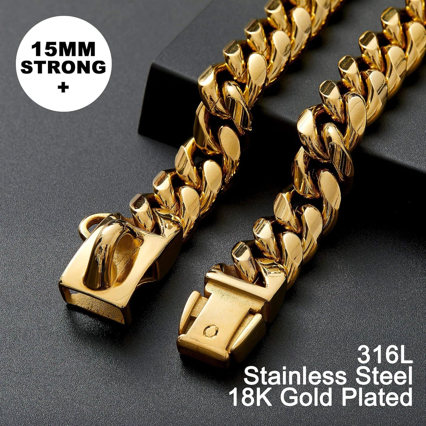 Gold Dog Chain Collar Walking Metal Chain Collar with Design Secure Buckle,18K Cuban Link Strong Heavy Duty Chew Proof for Medium Dogs(14Mm, 16")