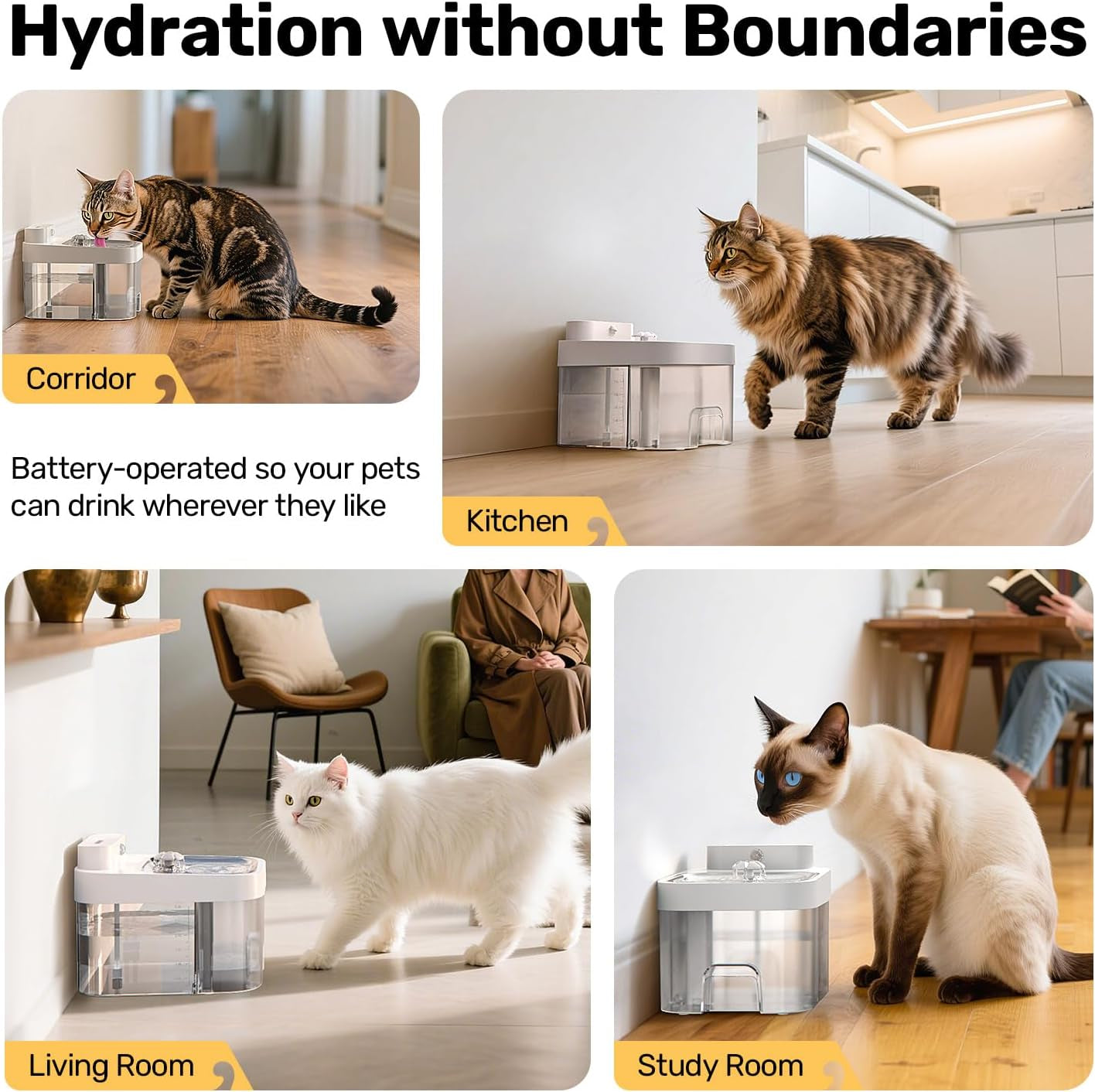 Cat Water Fountain, Wastewater Separation & No Filter Cotton, Pet Water Dispenser with 101Oz/3L Large Capacity Tank, Wireless Automatic Water Fountains for Cats Indoor Cat Watering Supplies