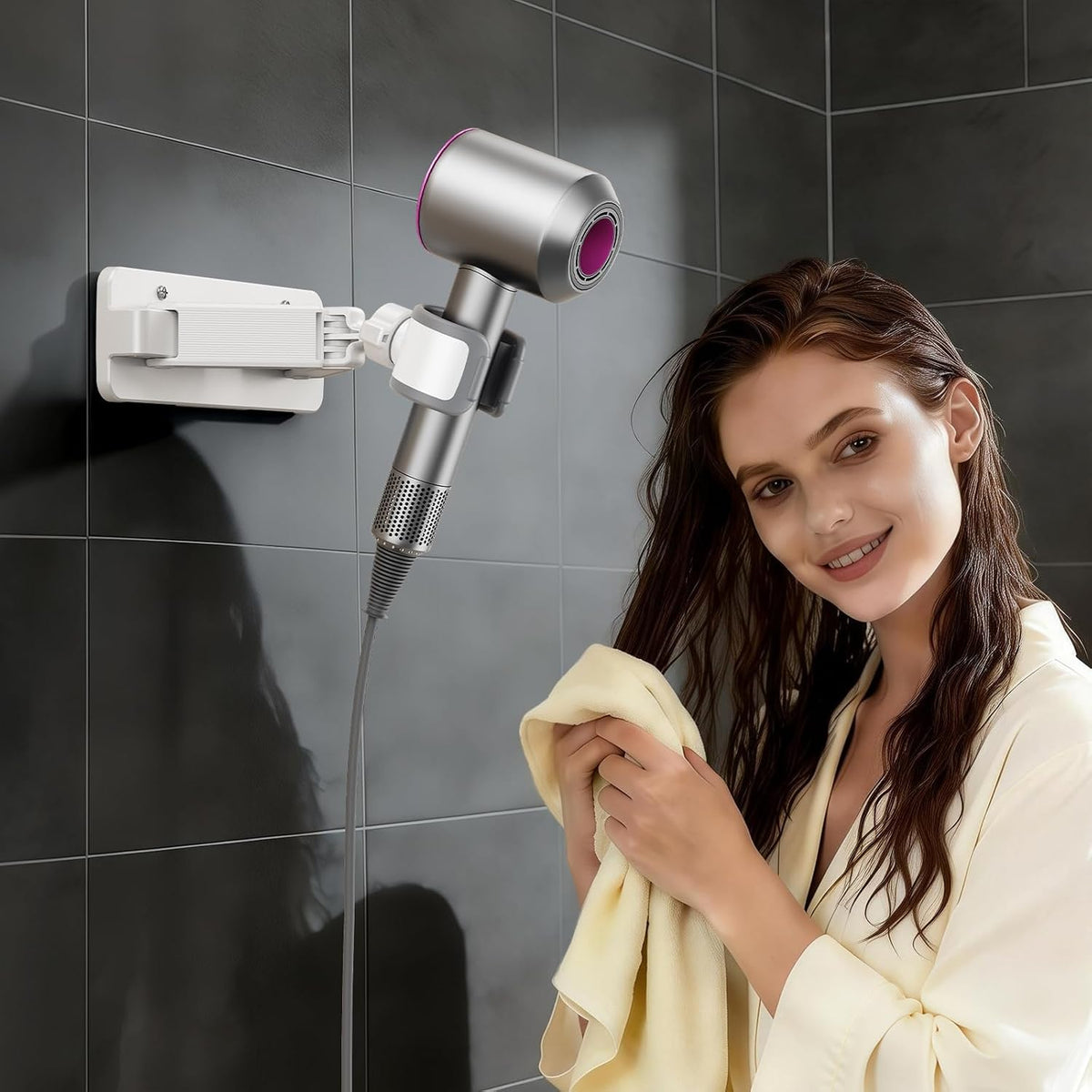 Sliding Hair Dryer Holder Stand Wall Mounted, Angle-Adjustable Blow Dryer Stand with Adhesive & Screw Mounting, Hair Dryer Stand Hands Free for Vanity, Bathroom, Salon (Sliding Type)