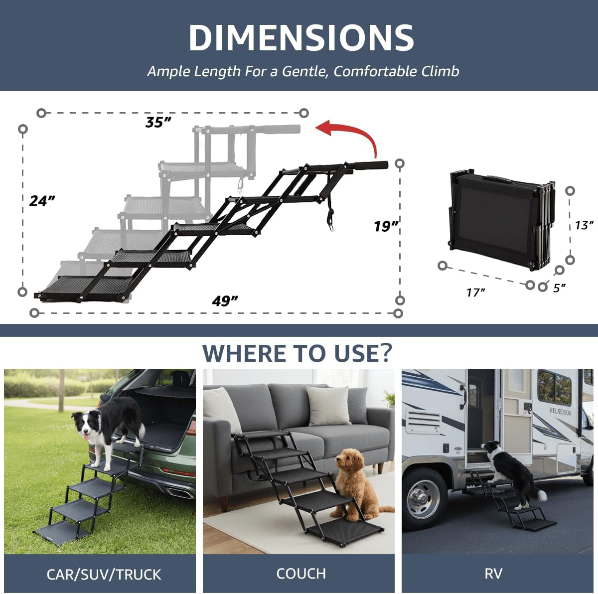 Oiilores Foldable Dog Stairs for Large Dogs - Extra Wide Pet Ramp for Cars, SUV, Truck, Non-Slip Surface, Supports up to 250 Lbs, 5 Steps