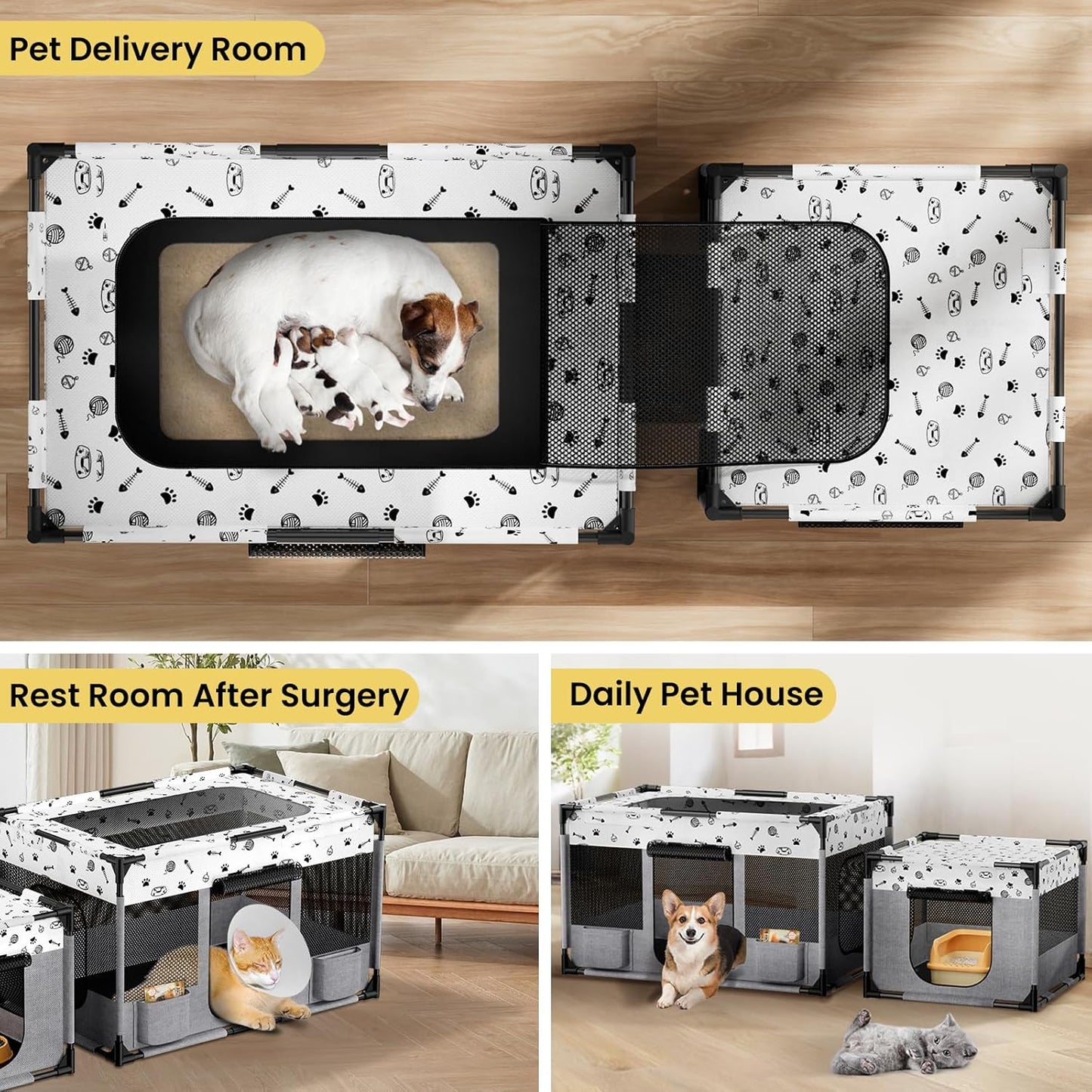 Portable Cat Playpen, PVC Pipe Reinforced Kitten Dog Pet Playpens for Indoor Cats Enclosed, Foldable Puppy Doggy Play Pen Outdoor, Kennel Tent Cage Crates, Zipper Top Cover(39"X24"X22")