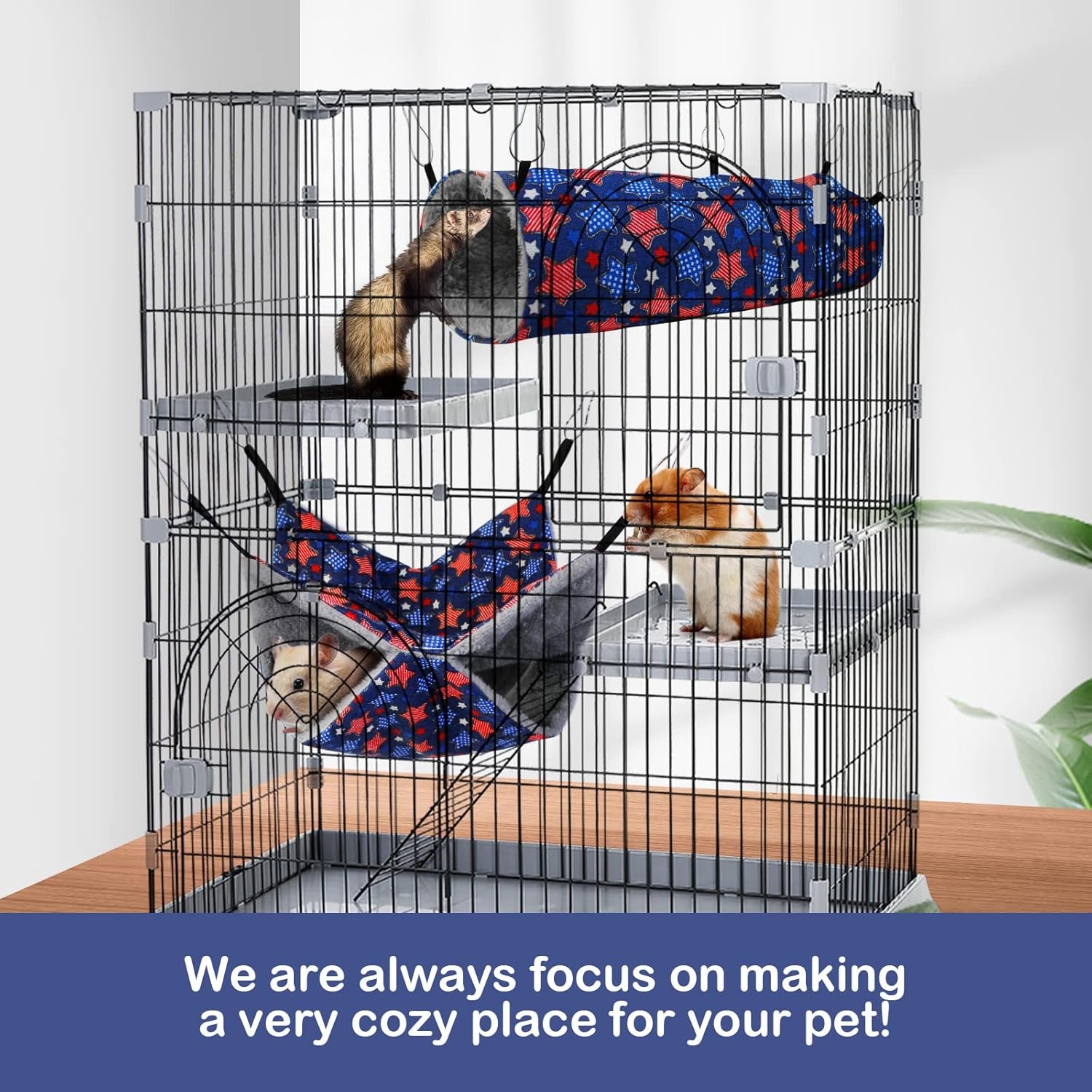 Petonfun Ferret Rat Hammock Set Guinea Pig Hideout Bed,Soft Hamster Toys Hanging Tunnels and Tubes,Plush Small Animal Pet Chinchilla for Cage Accessories Hide,Play and Sleep,2 Pack,Blue Star