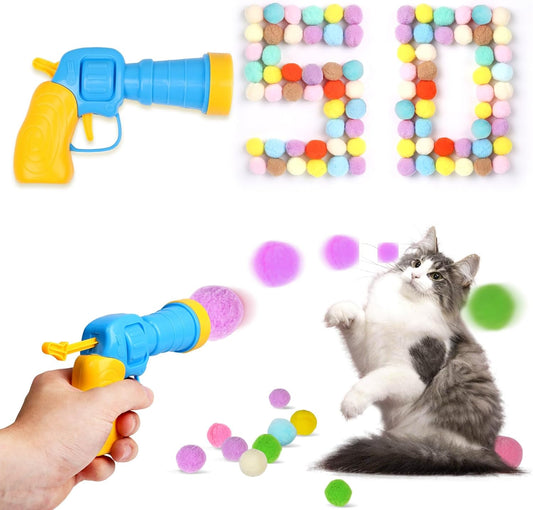 TEAWOO 50Pcs Cat Toys Pom Pom Balls with 1 Launcher Set, Interactive Cat Toy Stuff for Indoor Both Adult & Kitten Toys