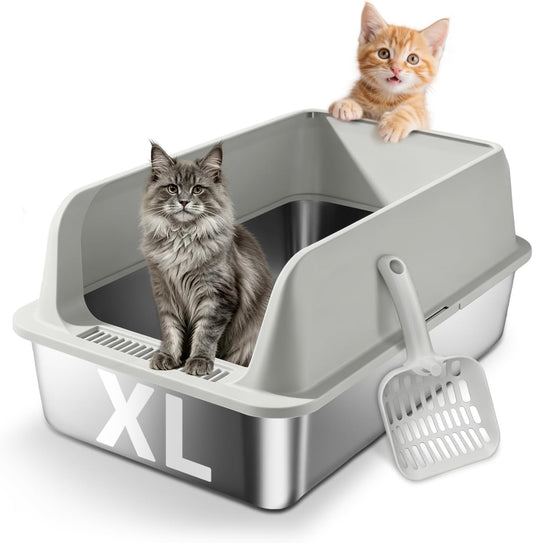 Stainless Steel Cat Litter Box - High Side Pan with Anti-Tracking Step,Rolled Edge & Leak-Proof Base,Cover,Scoop,Anti-Slip Pads,Easy Clean Toilet for Senior Large Indoor Cat Gray
