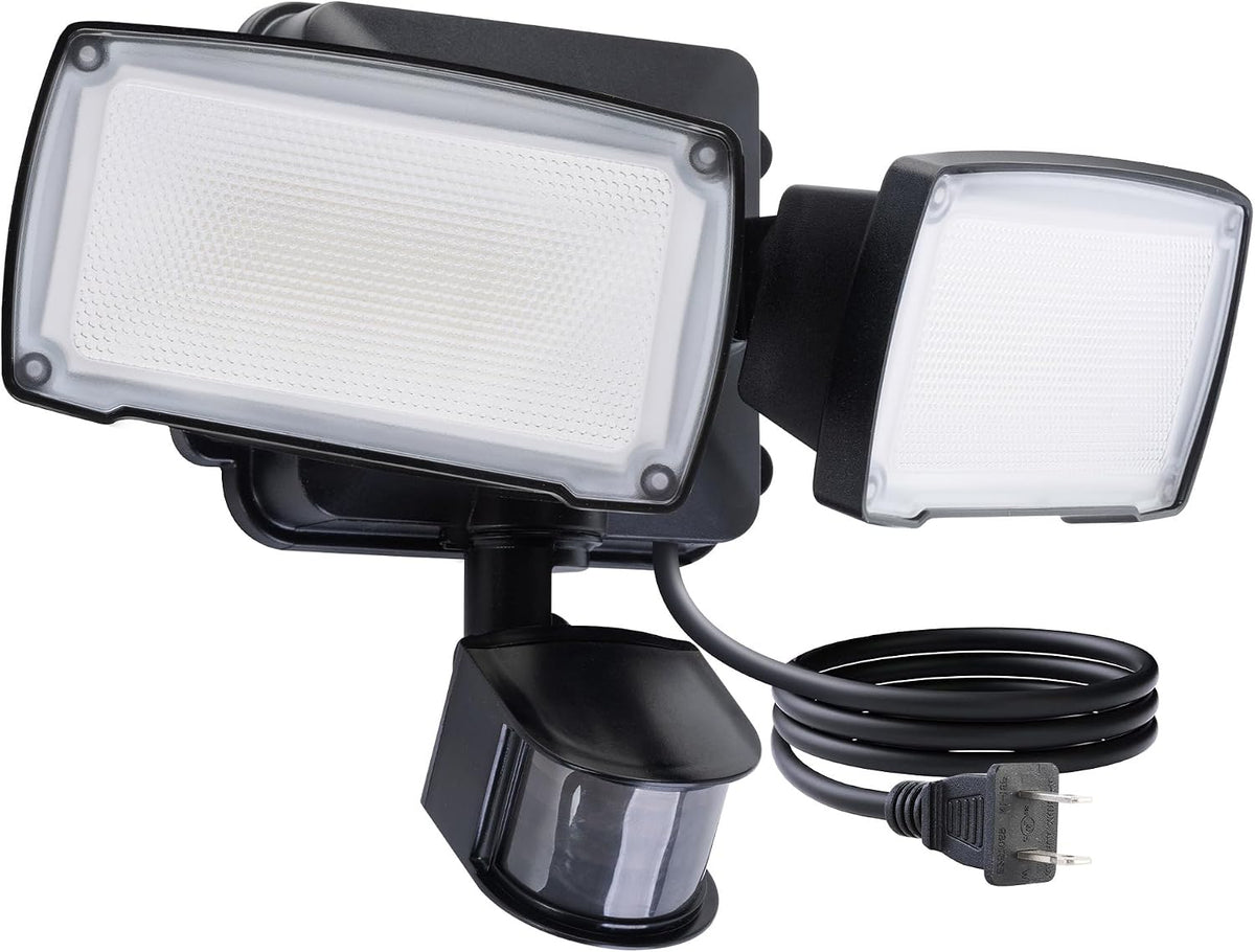 LUTEC 21W Plug in Motion Sensor Light Outdoor, Flood Lights Outdoor Motion Sensor,2500Lm, 5000K Daylight,Ip65 Waterproof,Adjustable 2 Heads Wall Light for Garage, Porch, Yard - Black