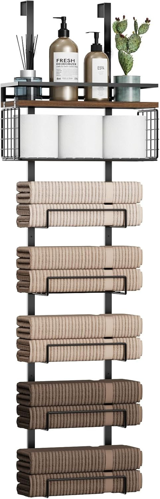 Aetyord Towel Racks for Bathroom over the Door Towel Racks Towel Storage Organizer with Metal Shelf Basket for Bathroom Rv Camper (7-Tier Black with Brown Plank)