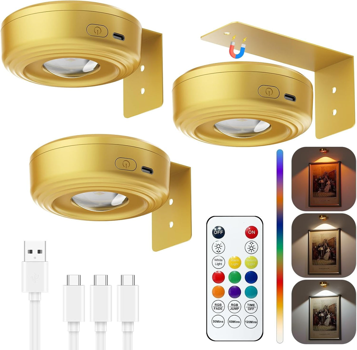 3.3" Picture Lights for Wall Spotlight, 2000Mah Rechargeable, 3Pack, Gold