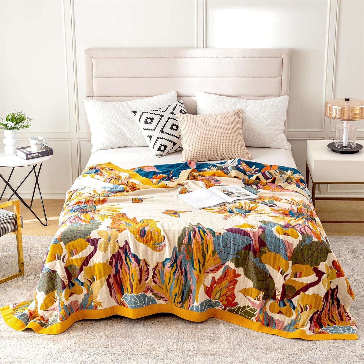 MSGKV Boho Throw Blanket 60''X80'',100% Cotton Blanket for Couch Bed, Spring Breathable Quilt Farmhouse Home Decor Soft Lightweight Picnic Blankets