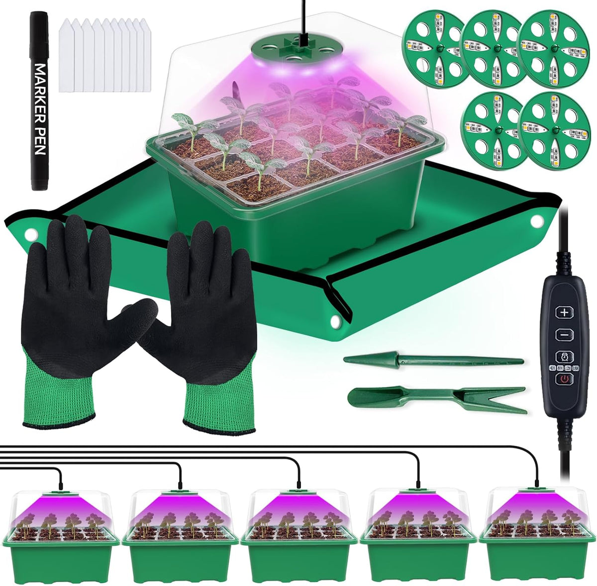 5-Pack Seed Starter Tray with Grow Light (Value Pack), 60 Cells, Friendly Seed Starter Kit for Beginners, Adjustable Brightness & Timing, Easy-To-Use Gardening Set for Seeds Germination