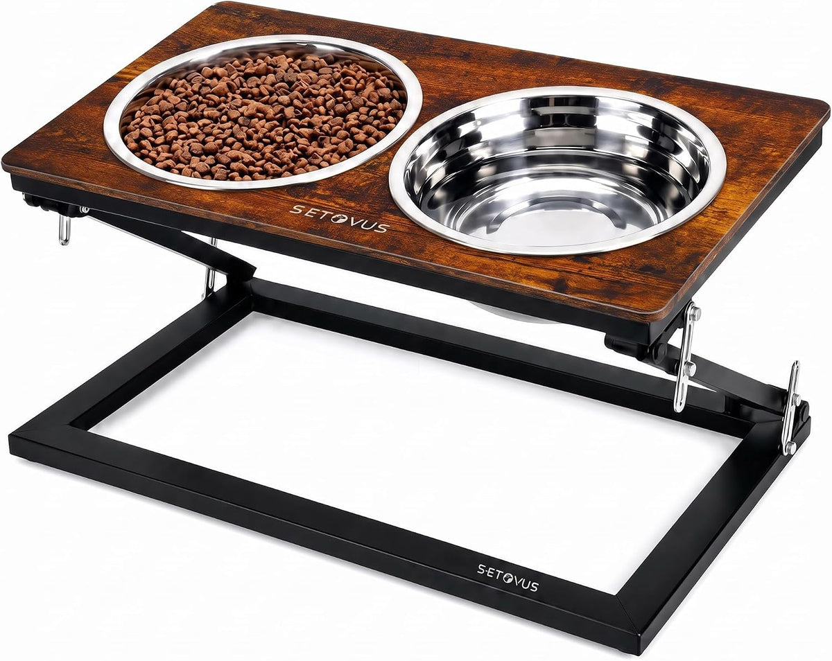 Elevated Dog Bowl Stand, Adjustable Height and 20° Tilt Angle, 2 Stainless Steel Bowls Raised Dog Feeder, Anti-Slip Base, Easy to Clean, for Small Medium Large Dogs