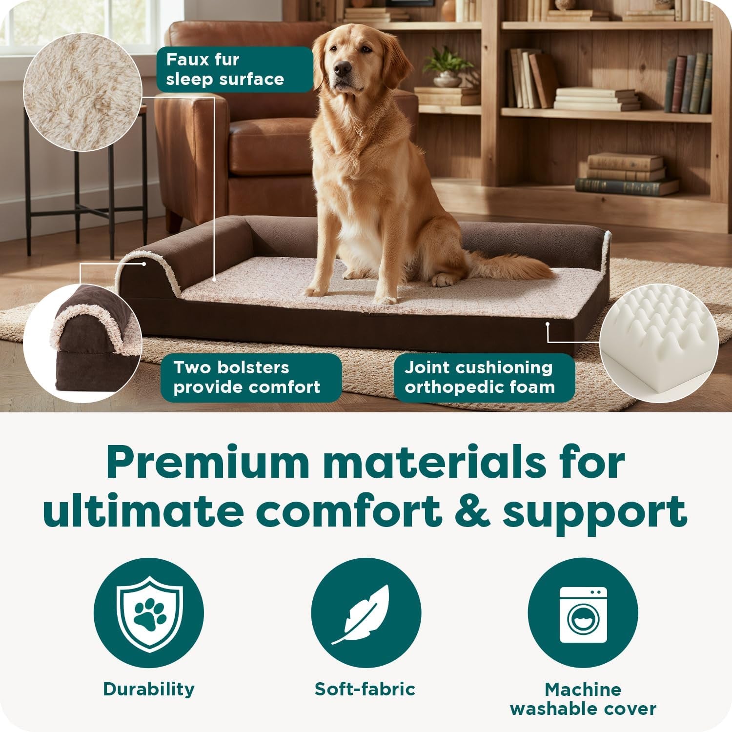 Orthopedic Dog Bed for Large Dogs, L-Shaped Chaise Mattress with Orthopedic Egg Crate with a Solid Orthopedic Foam Base for Joint Support, Washable Cover, Jumbo XL, Faux Fur & Suede, Espresso