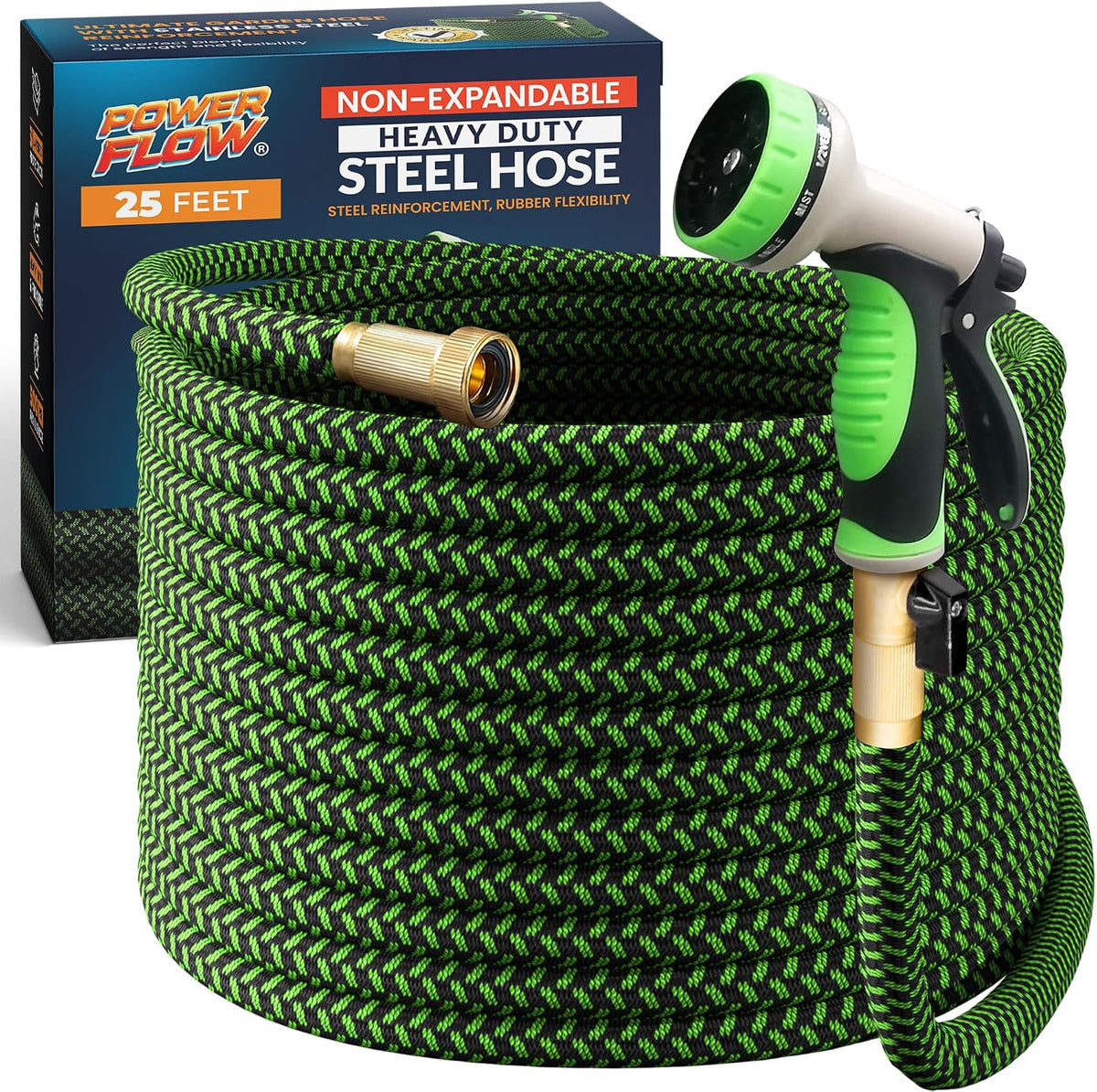 Powerflow Metal Garden Hose, 25 Ft Non-Expandable Water Hose, Green