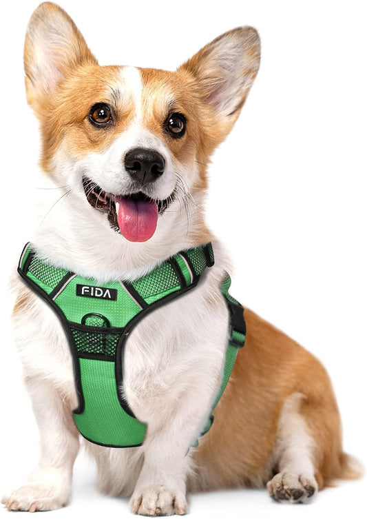 Fida Dog Harness Full Reflective Design, No-Pull Pet Vest Harness with 2 Leash Clips, Adjustable Soft Padded with Easy Control Handle for Medium Dogs(Medium, Green)