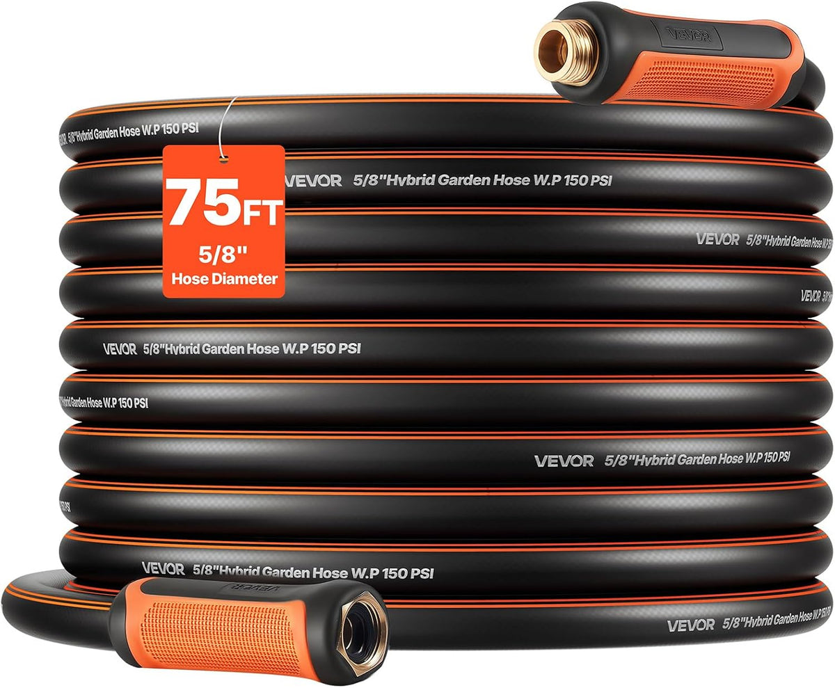VEVOR Garden Hose, 75 Ft 5/8" Heavy Duty 4-Layer Rubber Water Hose, 150PSI Working & 600PSI Burst, Flexible & Non-Kink Outdoor Waterhose with 3/4" Fitting, Lightweight Hoses for Gardening Cleaning