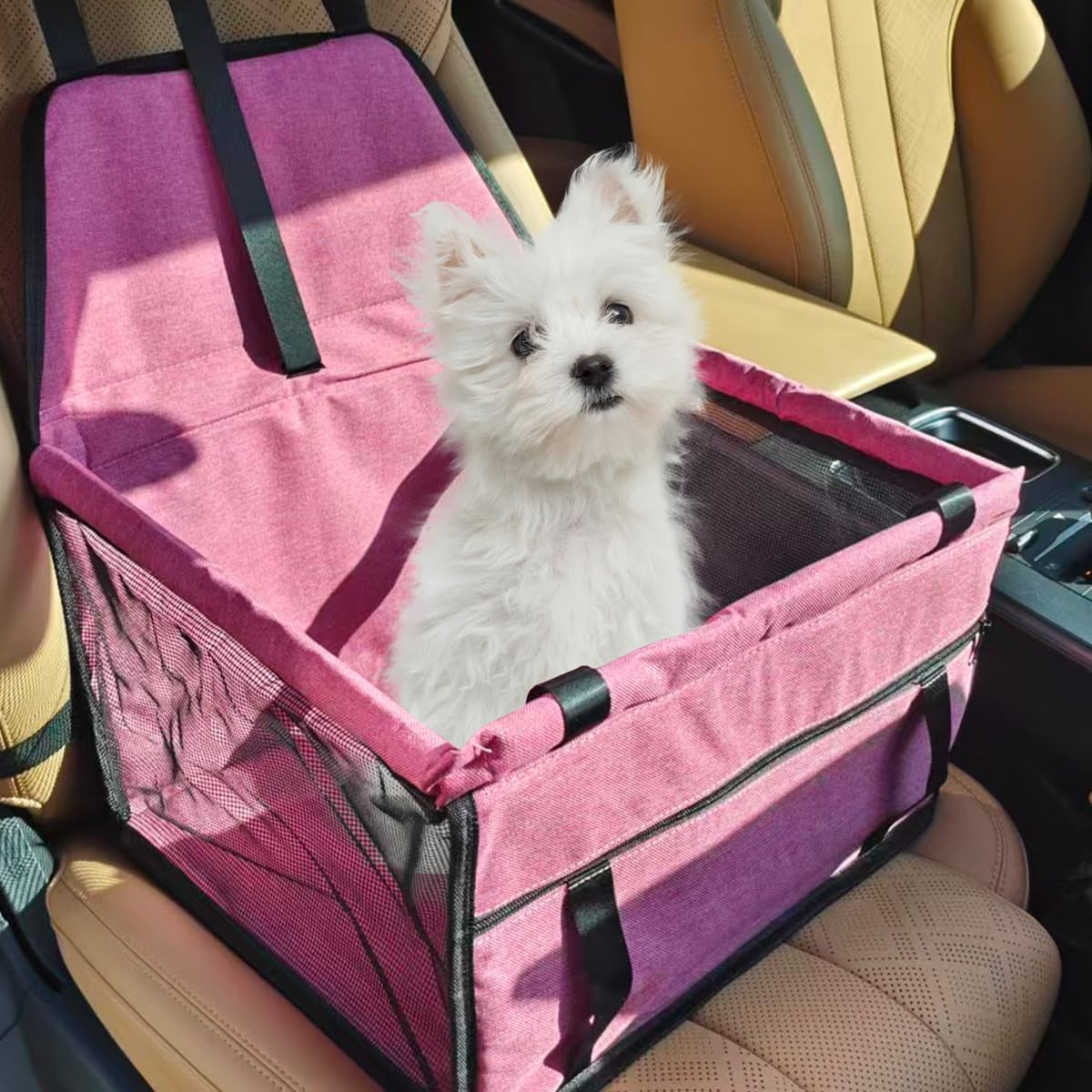 Craedli Dog Car Seat, Portable Foldable Oxford Cloth Pet Booster Seat with Safety Leash & PVC Frame, Breathable Waterproof Auto Interior Pet Travel Bag Fit for Small Dogs/Cats up to 15 LBS (Pink)