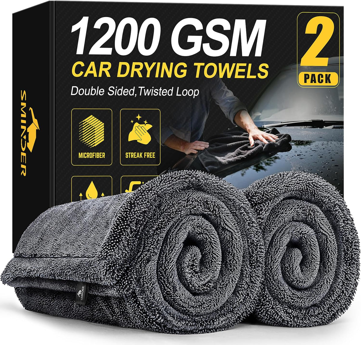 SMINDER 2-Pack 1200 GSM Car Drying Towels – Microfiber Towels for Cars (36" X 24"), Ultra-Absorbent, Streak-Free, Scratch-Free, No Water Spots, Double-Twist Pile & Edgeless Design