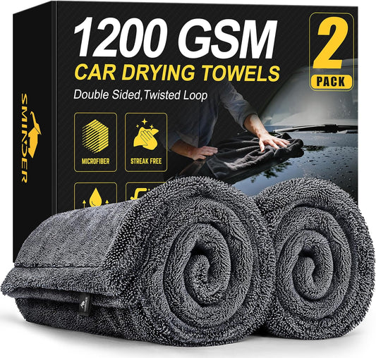 SMINDER 2-Pack 1200 GSM Car Drying Towels – Microfiber Towels for Cars (36" X 24"), Ultra-Absorbent, Streak-Free, Scratch-Free, No Water Spots, Double-Twist Pile & Edgeless Design
