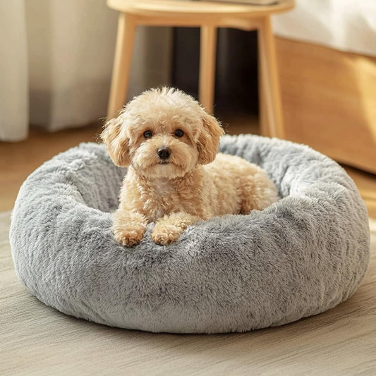 JOLLYVOGUE Small Dog Bed, Calming Dog Beds for Small Dogs & Indoor Cats - 20 Inches Donut Washable Cat Bed for Kittens & Puppies, round Fluffy Plush Faux Fur Pet Beds(Smoke Grey)