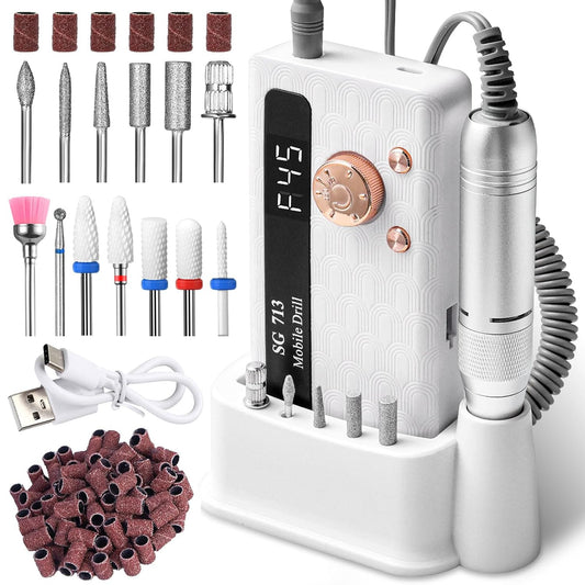Professional Nail Drill Kit 45000RPM, Portable Electric Nail File with 13 Bits & 56Pcs Sanding Bands,Led Screen,Ultra-Silent, Rechargeable Nail Drills Machine for Acrylic Nails Gel Polishing (White)