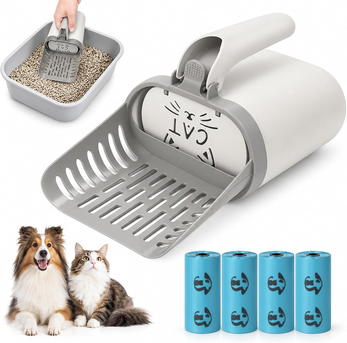 All-In-One Cat Litter Scooper with Waste Container, Detachable Spill Proof Kitty Litter Sifter Shovel, Portable Cat Poop Scoop Included 4 Rolls Pet Waste Bags for Indoor Cat Litter Box