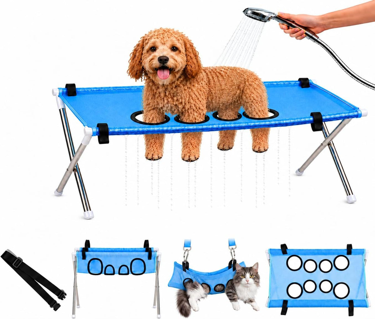 Dog Grooming Hammock with Foldable Stand Pet Bathing Harness Washing Station for Dogs and Cats
