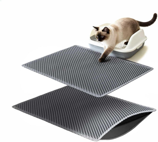 Cat Litter Mats (2-Pack) 24" X 15", Litter Box Mats with Double Layers, Urine-Proof and Non-Slip Litter Trapping Mats, Easy Clean Leakproof , Soft EVA Durable Anti-Scratch Kitty Litter Mat, Grey