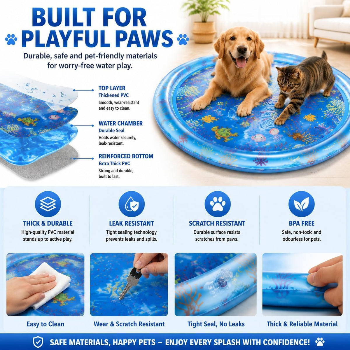 Cat Water Mat for Indoor Cats, Pet Water Sensory Play Mat for Cats & Dogs, Interactive Water Toy Mat with Durable PVC, Summer Activity Mat for Pets, Indoor Outdoor Use, 41.4 X 41.4 X 2.8 Inches