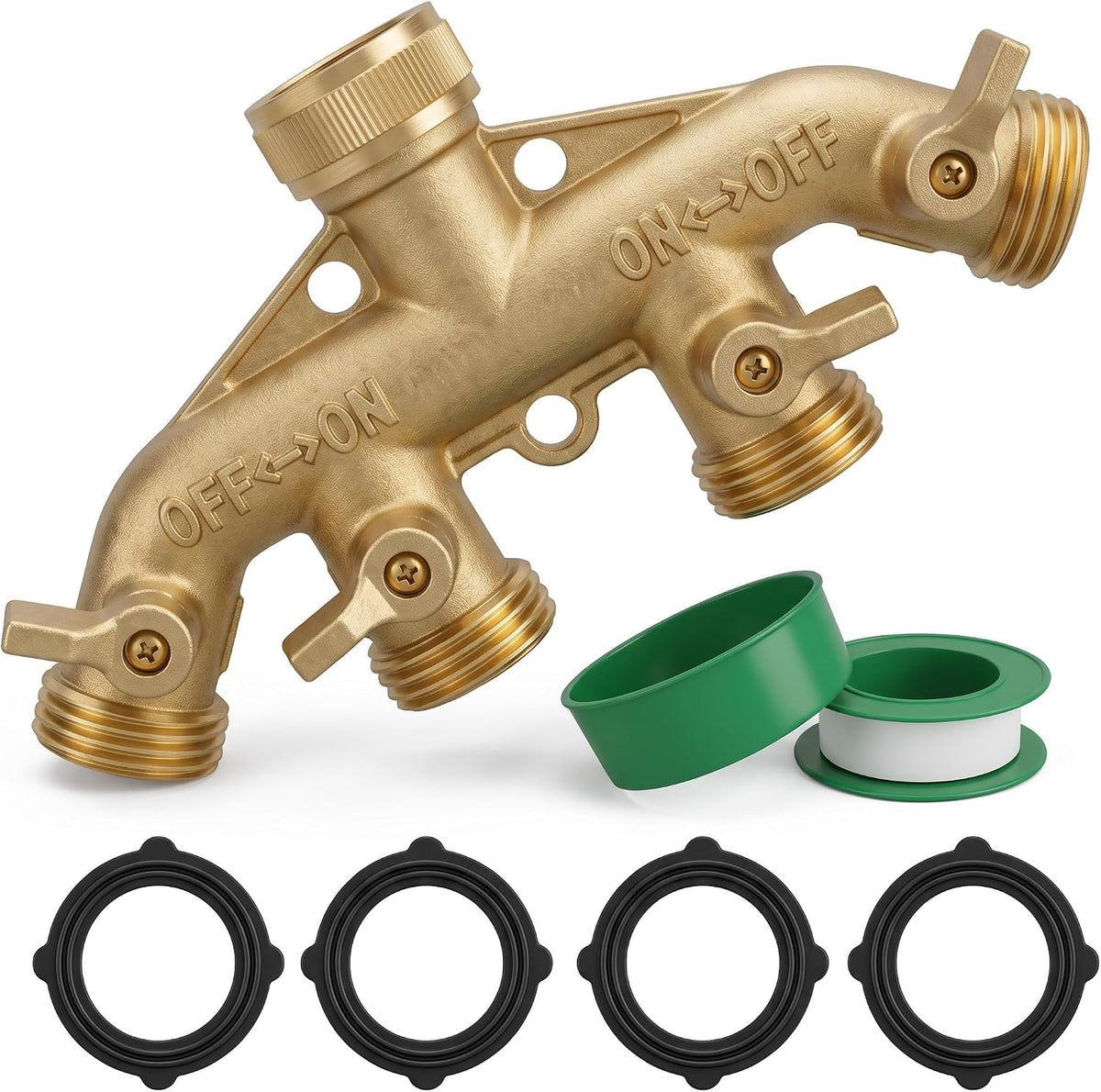 Hourleey Brass Garden Hose Splitter (4 Way), Solid Brass Hose Connector 3/4", Hose Spigot Adapter 4 Valves with 4 Extra Rubber Washers