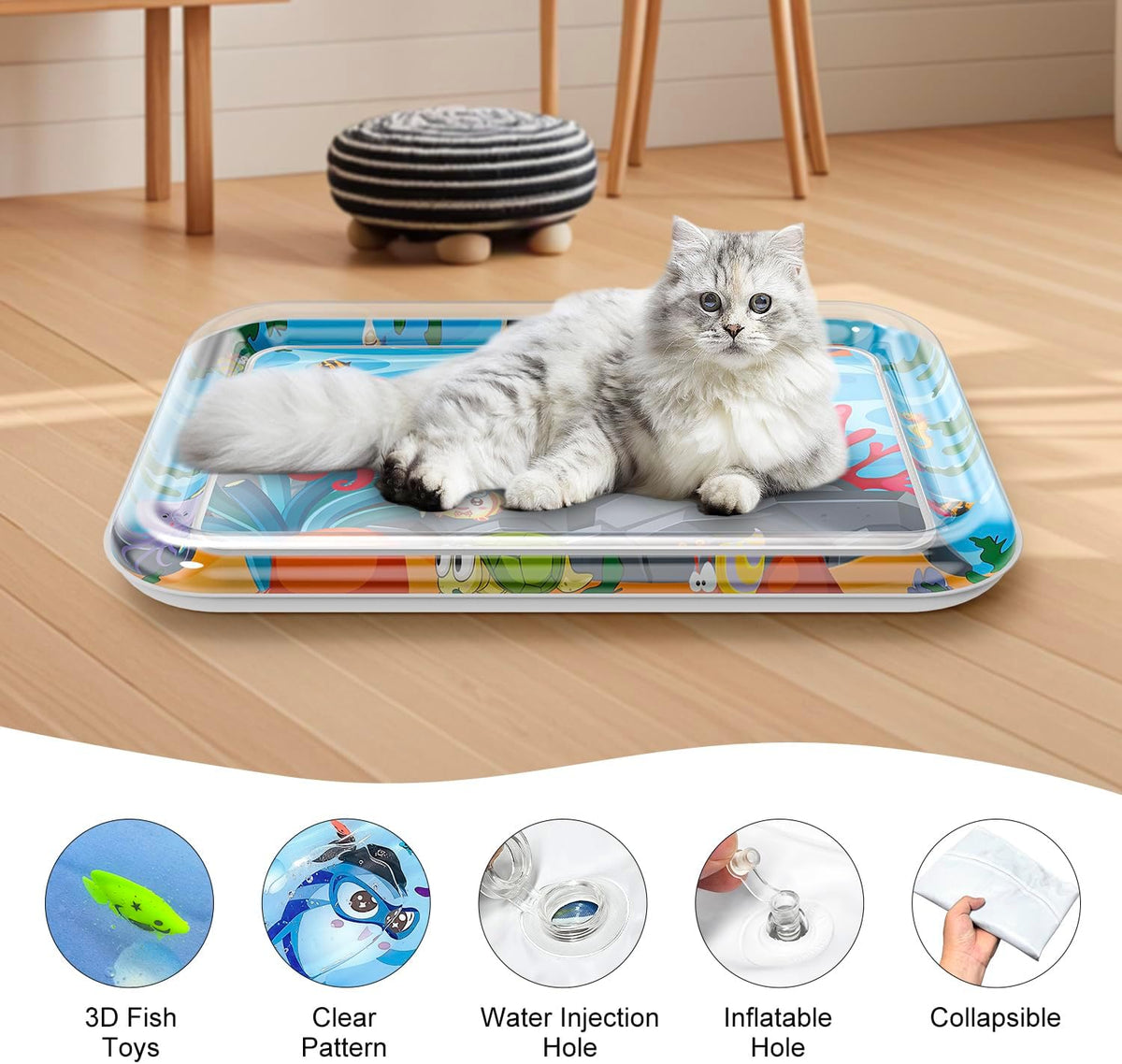 Marine Life Themed Cat Play Mat, Thickened Water Sensor Play Mat for Cats, Water Sensor Play Mat with Fish, Pet Water Sensor Mat, Water Sensor Mat Water Feature (Square Octopus)