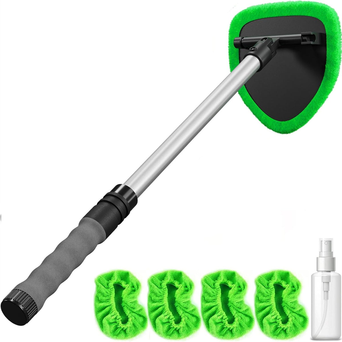 Windshield Cleaner Tool with Extendable Aluminum Handle (Up to 19.7"), Streak-Free Auto Glass Cleaning Kit with 4 Thick Microfiber Pads & Spray Bottle, inside Window Defogger Accessories
