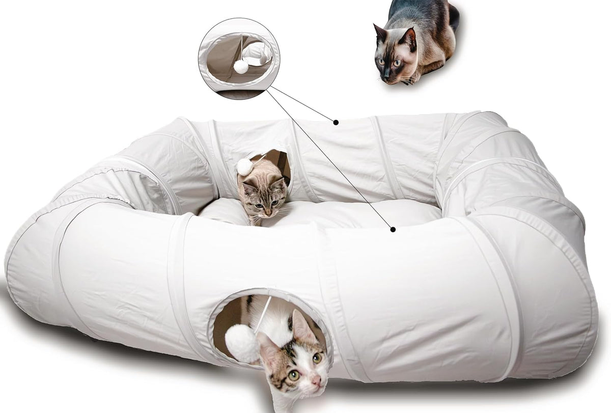 Xxingsheep 4 Ways Shuttled XL Cat Tunnel Bed for Indoor Cats Peekaboo Cat Cave Donut with Cool Mat