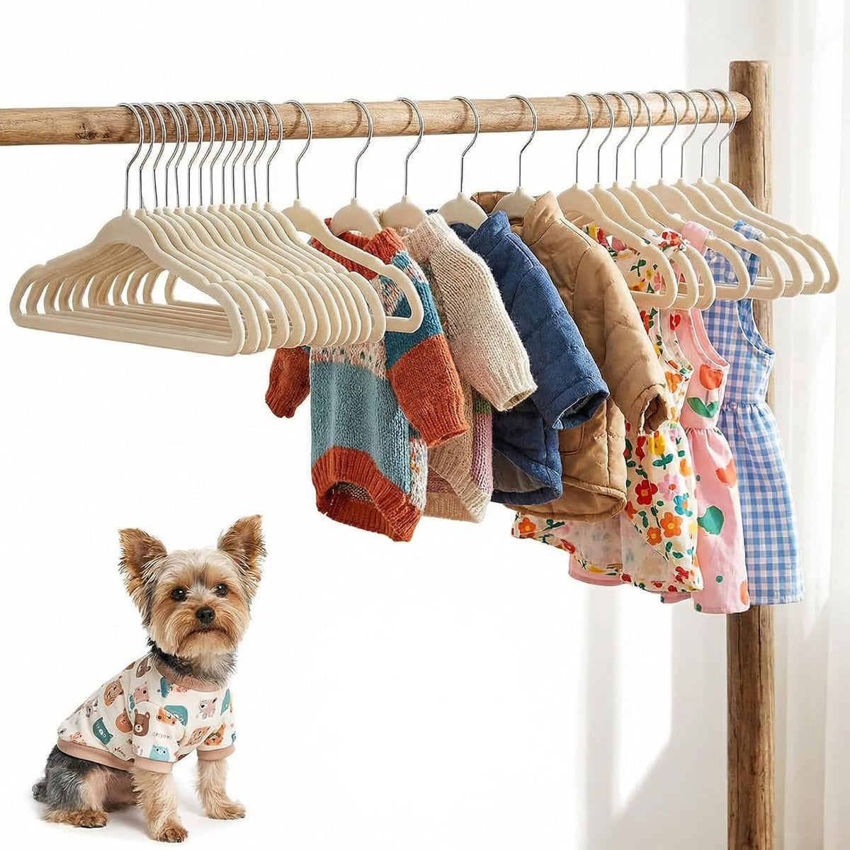 24 Pcs Dog Clothes Hangers Small Hangers 11 Inch Non Slip Velvet Pet Hanger for Small Dogs Cats Rustproof Metal Hooks Space Saving for Dog Closet Home Storage Grooming Salons