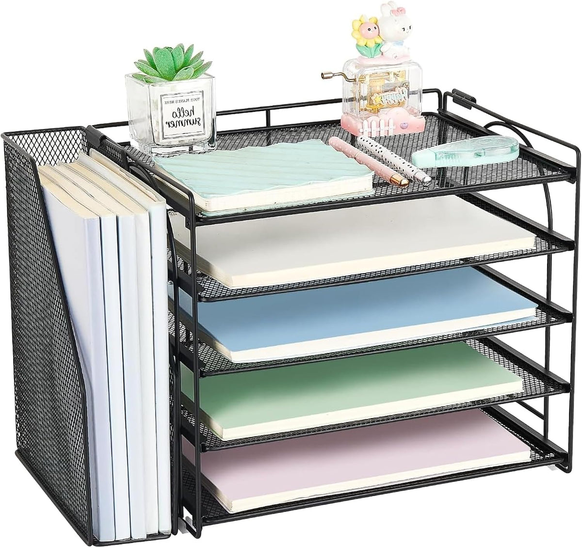 Desk Organizers and Accessories, 5-Tier Desktop Paper File Organizer with Removable File Holder, Desk Accessories & Workspace Organization for Home Office Supplies (Black)
